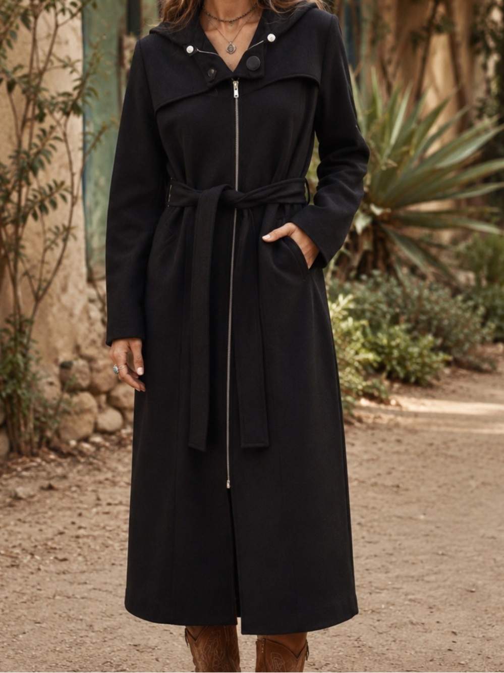 Athwab Black Long Belted Coat Removable Hood Full Zip Sz 40 Fits Like Small